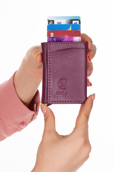 Av A Dos Leather Mechanism Wallet Automatic Cash Compartment Sliding Card Holder Wallet Purple