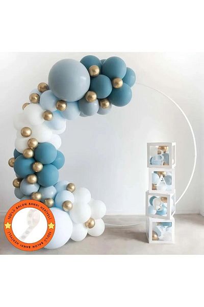 Konsept Sepeti 100 Pieces Blue White Chrome Gold Storm Balloons Set - Deep Ocean (With Balloon Tape Gift)