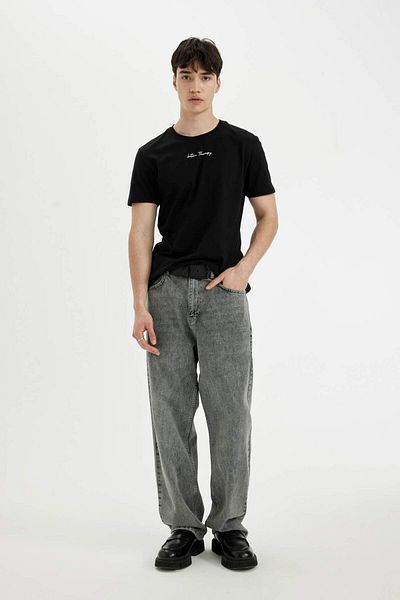 DeFacto Μπλουζάκι Slim Fit Crew Neck με στάμπα 100% βαμβάκι