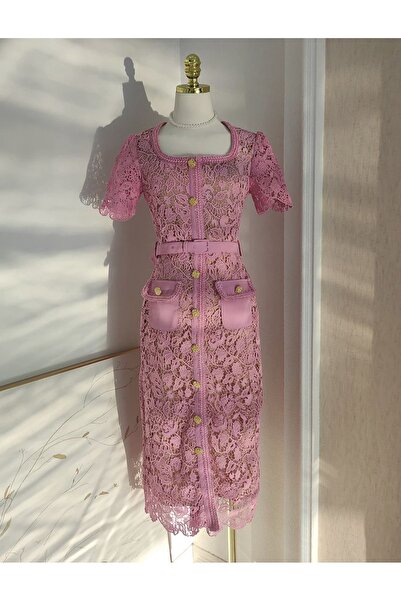 Noura Pembe Güpür Midi Boy Elbise