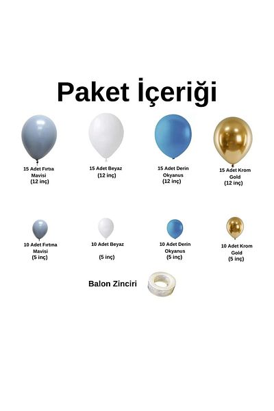 Konsept Sepeti 100 Pieces Blue White Chrome Gold Storm Balloons Set - Deep Ocean (With Balloon Tape Gift)