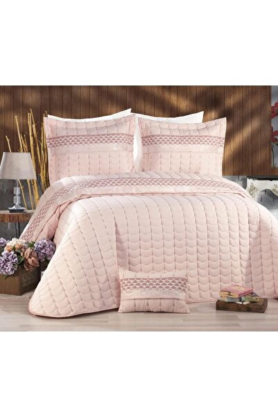 Brillant Store Çeyizlik Mikro Kumaş Dantelli Kapitone Dikişli Çift Kişilik Yatak Örtüsü Pudra