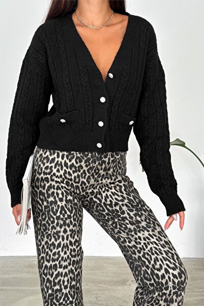 FEMELLE Black Crop Knit Cardigan - Double Pocket and Button Detail