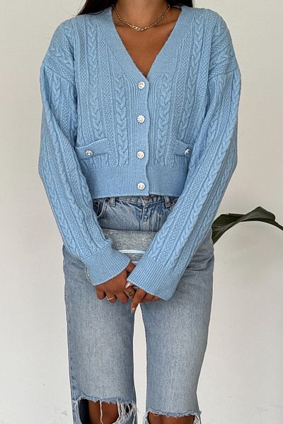 FEMELLE Cardigan de tricotaj crop albastru - buzunar dublu și detaliu cu nasturi