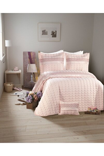 Brillant Store Çeyizlik Mikro Kumaş Dantelli Kapitone Dikişli Çift Kişilik Yatak Örtüsü Pudra