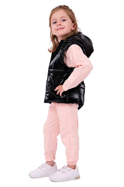 Merdia Girl's Istanbul Printed Shiny Hooded Puffer Vest and Bottom - Rope Combed Cotton 3-Piece Set