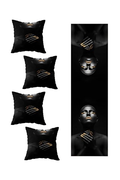 uygun dekor Μαύρο Γυναικείο Σετ Κάλυμμα Μαξιλαριού και Μαντέλα Τραπεζιού Κουζίνας Διακοσμητικό Σετ 4 τεμαχίων