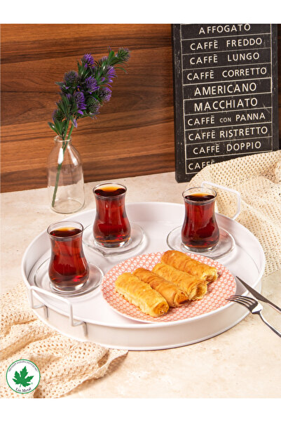 linmetal Pilea 37cm Metal Tepsi, Tel Kulplu Yuvarlak Çay Tepsisi, Sunum Tepsi...