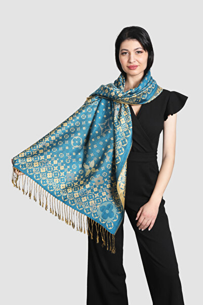 Mystic Turkuaz Gold Paşmina Desenli Şal