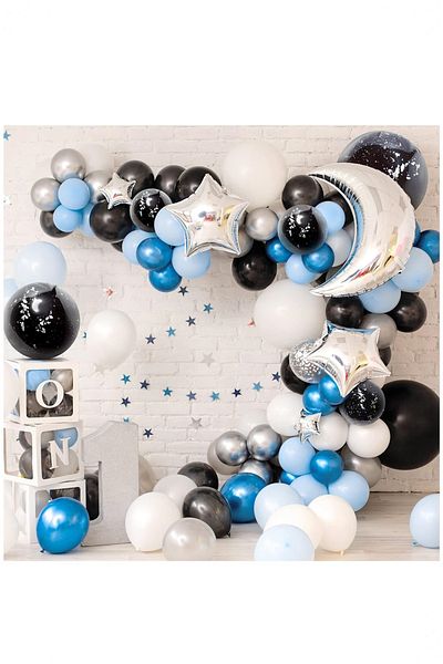 BİDOLUMUTLULUK Blue Black Birthday Balloon and Celebration Set with Space Concept