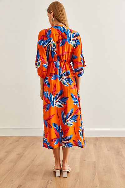 Olalook Orange Palm duplasoros gallérral és hasított, rugalmas derékú női ruha - ELB- 19002241