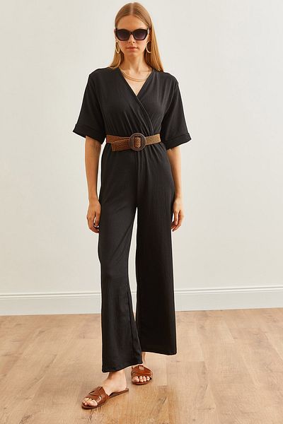 Olalook Black Double-breasted Women's Jumpsuit with Belt - Short Sleeve TLM- 19000156