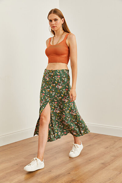 Olalook Πράσινη φλοράλ μοτίβο γυναικεία φούστα βισκόζη - με κουμπιά, ETK- 19000273