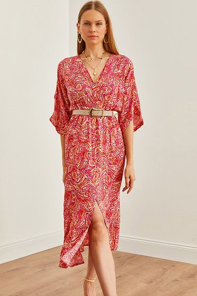 Olalook Fuchsiafarbenes Damenkleid mit zweireihigem Kragen und Schlitz in der Taille und Gummizug - ELB- 19002239
