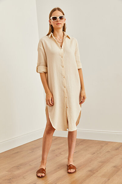 Olalook Stone Detailed Oval Slit Mušelínové dámské košilové šaty - ELB- 19002243