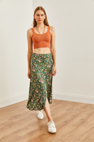 Olalook Πράσινη φλοράλ μοτίβο γυναικεία φούστα βισκόζη - με κουμπιά, ETK- 19000273