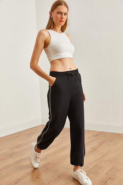 Olalook Black Jogging Sweatpants - Drawstring Leg and Stripe ESHF- 00000071