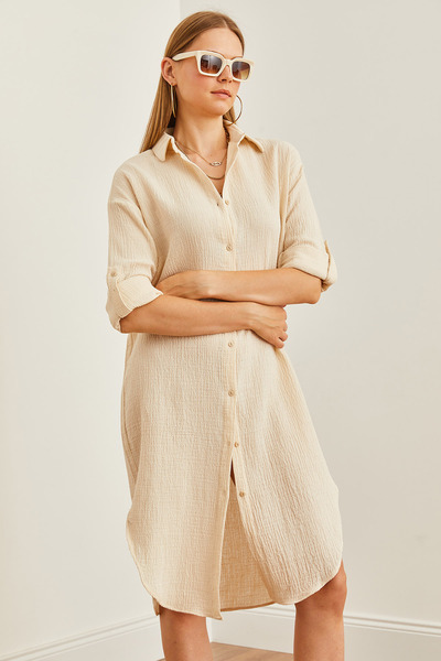 Olalook Stone Detailed Oval Slit Mušelínové dámské košilové šaty - ELB- 19002243