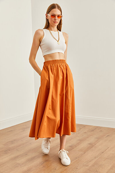 Olalook Дамска миди пола с джобове в цвят канела - Еластична талия ETK- 19000271