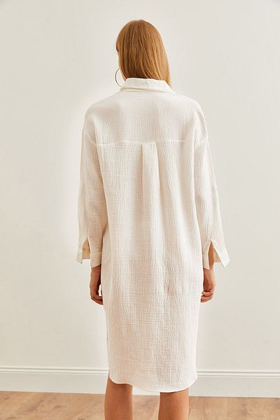 Olalook Weißes Musselin-Hemdkleid - ovaler Schlitz, ELB- 19002243