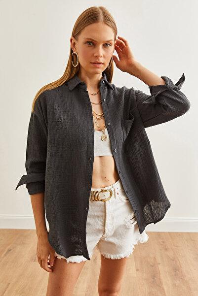 Olalook Kadın Antrasit Oversize Basic Müslin Gömlek GML-19001217