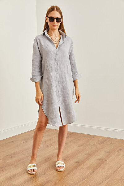 Olalook Gray Muslin Shirt Dress - Oval Slit, ELB- 19002243