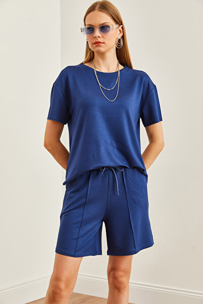 Olalook Navy Blue Women's T-Shirt and Shorts Set - Oval Cut, Pocketed TKM- 19000303