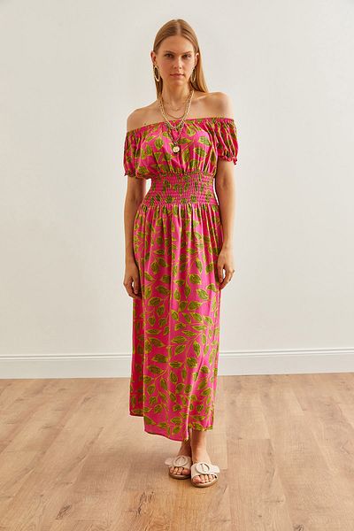 Olalook Leaf Fuchsia Madonna Collar - Elastic Waist Midi Viscose Dress ELB- 19002240