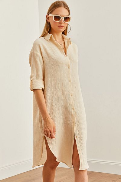 Olalook Stone Detailed Oval Slit Mušelínové dámské košilové šaty - ELB- 19002243