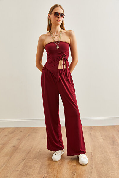 Olalook Burgundy Strapless Asymmetrical Blouse and Palazzo Pants Women's Set - TKM- 19000299