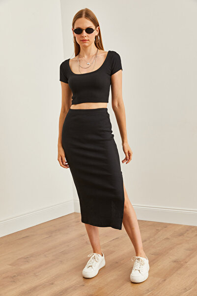 Olalook Black Crop Blouse and Slit Pencil Skirt Set - TKM- 19000300
