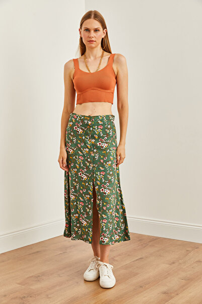 Olalook Πράσινη φλοράλ μοτίβο γυναικεία φούστα βισκόζη - με κουμπιά, ETK- 19000273