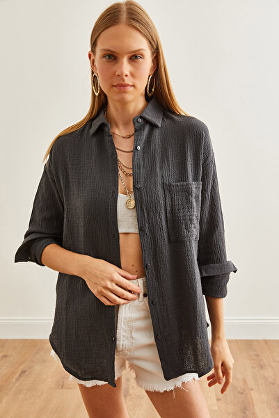 Olalook Kadın Antrasit Oversize Basic Müslin Gömlek GML-19001217