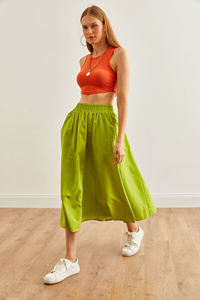 Olalook Pistachio Green Midi Bell Skirt - Pocket and Waist Elastic ETK- 19000271