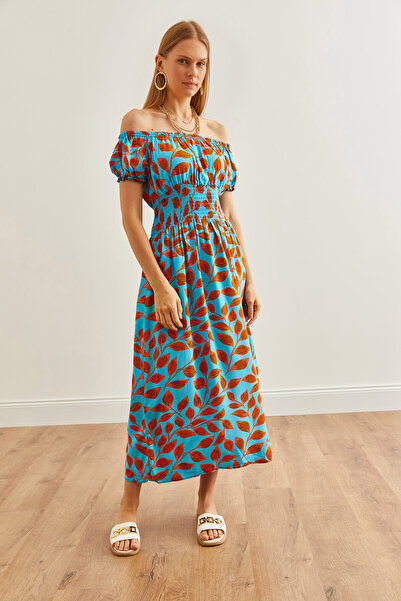 Olalook Listově modré Madonna límec viskózové midi šaty - vroubkovaný pas ELB- 19002240