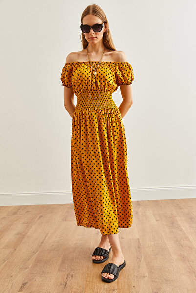 Olalook Madonna Collar Polka Dot Viscose Midi Dress - Elastic Waist, Mustard Color ELB- 19002240