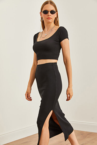 Olalook Black Crop Blouse and Slit Pencil Skirt Set - TKM- 19000300