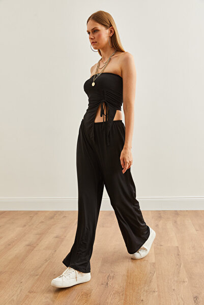 Olalook Black Asymmetrical Strapless Blouse and Palazzo Pants Set - TKM- 19000299