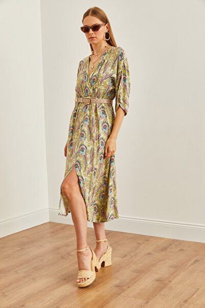 Olalook Kadın Su Yeşili Kruvaze Yaka Beli Lastikli Yırtmaçlı Dokuma Elbise ELB-19002239