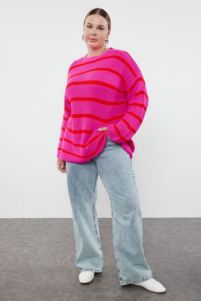 Trendyol Curve Relax Pink Striped Knitwear Sweater - Off Shoulder TBBAW23AN00195
