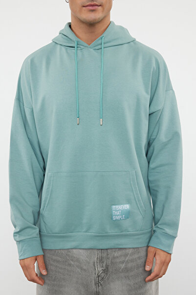 Trendyol Collection Oversize ментов суитшърт с дълъг ръкав и качулка - с апликация на етикет TMNSS21sw0221