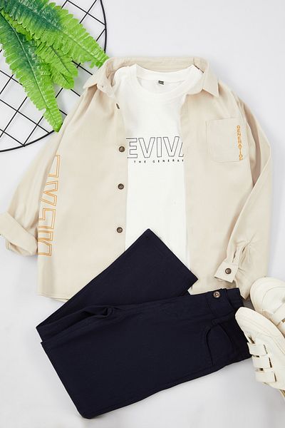 TRENDYOLKIDS Boy's 3-Piece Beige Printed Set - T-shirt, Trousers, Jacket TKDAW25AU00018