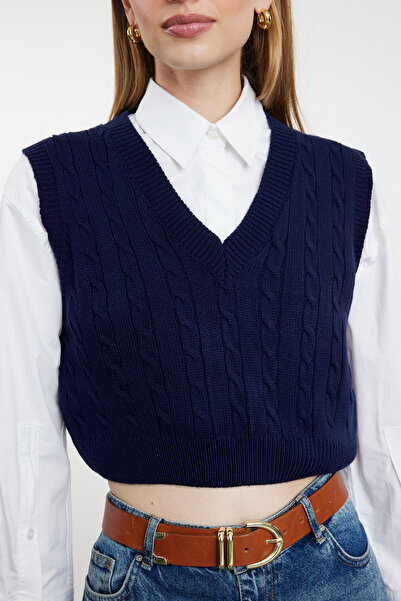 Trendyol Collection V-nyakú sötétkék Crop kötöttáru pulóver - TWOAW22BZ0049