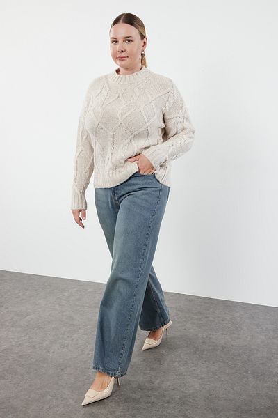 Trendyol Curve Beiger geflochtener Glitzer-Strickpullover - TBBAW25AN00030