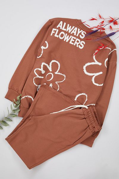 TRENDYOLKIDS Dried Rose Cotton Knitted Suit for Girl - Thin Floral Print Tkdaw25Au00010