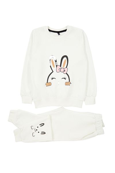 TRENDYOLKIDS Girl's Ecru Seasonal Set - Thin Rabbit Patterned Knitted Top and Bottom Set Tkdaw25au00028