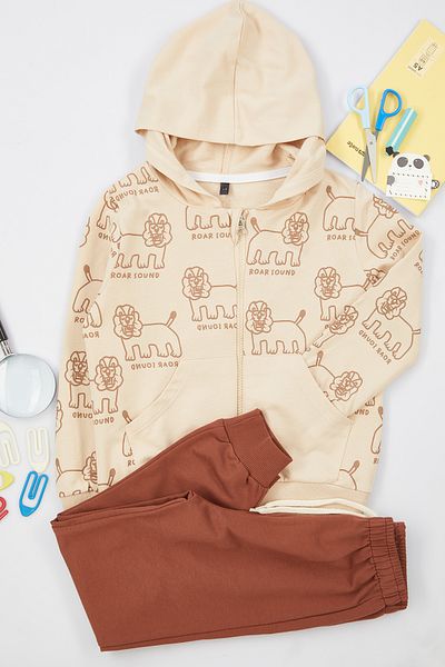 TRENDYOLKIDS Boy's Beige Seasonal Hooded Cotton Knitted Suit - Tkdaw25Au00008