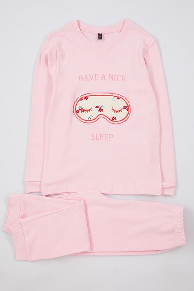 TRENDYOLKIDS Pink Seasonal Fine Patterned Pajamas Set for Girl - Knitted Bottom-top Set Tkdaw25au00012