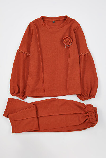 TRENDYOLKIDS Tile Color Sweatshirt and Sweatpants Set with Rose Applique for Girl - Tkdaw25Au00023