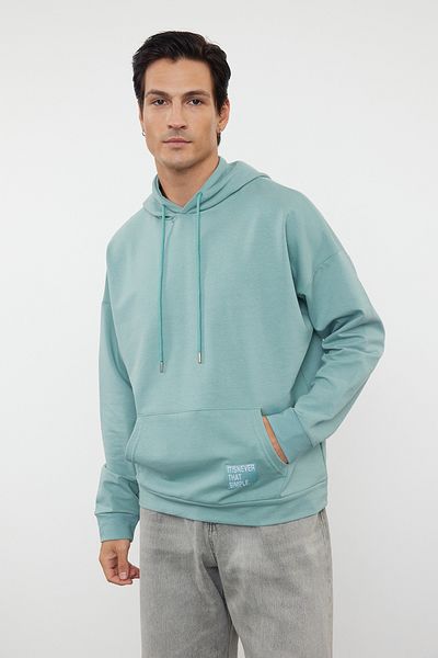 Trendyol Collection Übergroßes, mintfarbenes, langärmliges Kapuzen-Sweatshirt – mit Label-Applikation TMNSS21sw0221